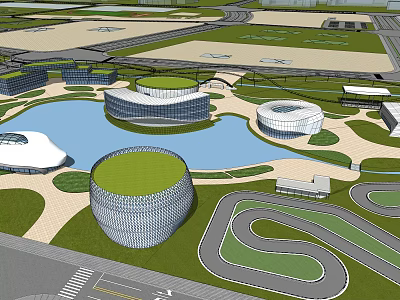 Modern Architectural Complex Design Featuring Green Roofs Water Pond And Curved Pathways 3d model