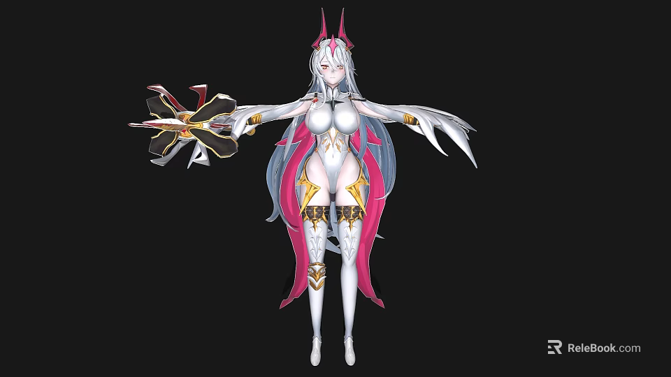 Fantasy Female Character With Long White Hair Pink White Outfit Horns Wings And Ornate Weapon 3d model 