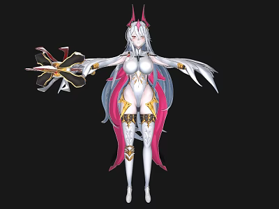 Fantasy Female Character With Long White Hair Pink White Outfit Horns Wings And Ornate Weapon 3d model