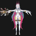 Fantasy Female Character With Long White Hair Pink White Outfit Horns Wings And Ornate Weapon 3d model