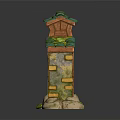 Cartoon Scene Archway With Green Tiled Roof Wooden Top Yellow Gray Bricks Grass Stone Decorations