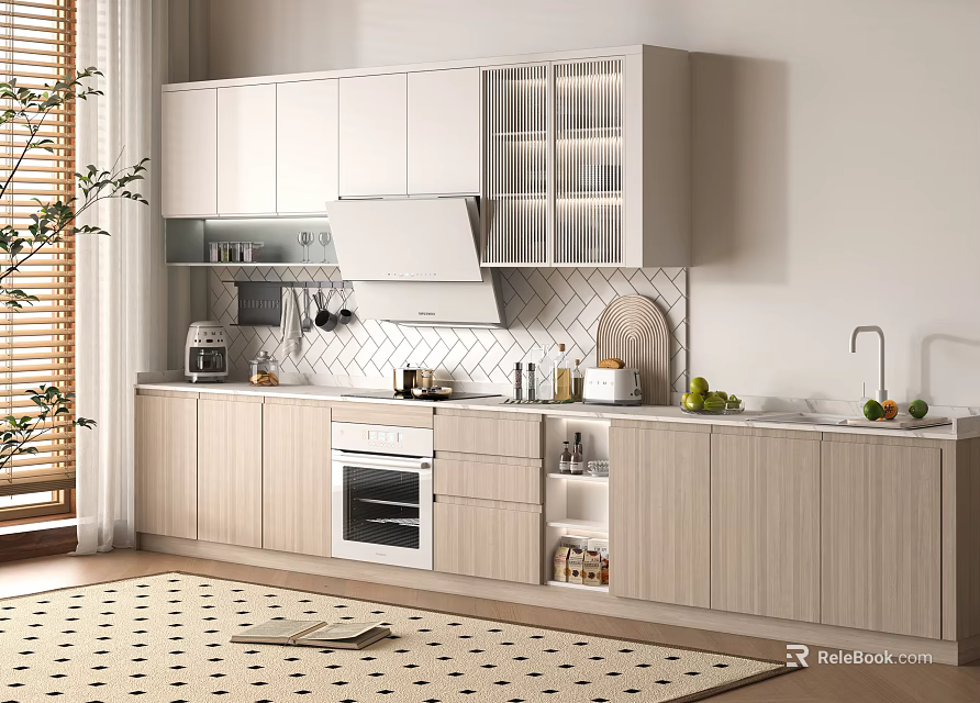 Modern Light Wood Kitchen Interior With Glass Front Cabinets And Tiled Backsplash 3d model 