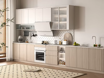 Modern Light Wood Kitchen Interior With Glass Front Cabinets And Tiled Backsplash 3d model