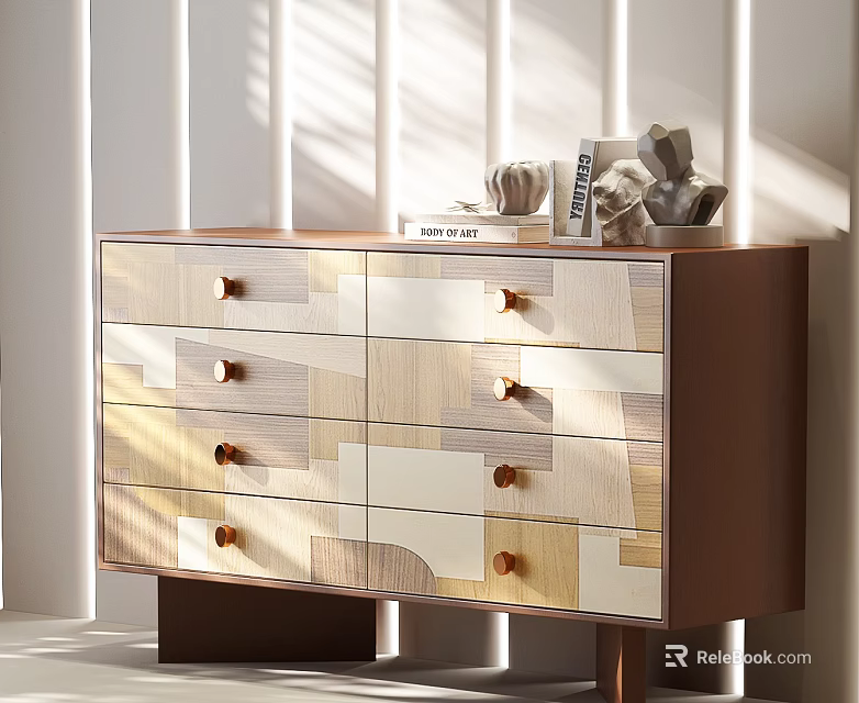 Modern Patchwork Chest of Drawers with Metal Handles and Decorative Top Items 3d model 
