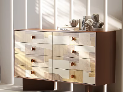 Modern Patchwork Chest of Drawers with Metal Handles and Decorative Top Items 3d model