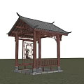 Traditional Chinese Pavilion With Black Tiled Roof And Colorful Trees In Grassland