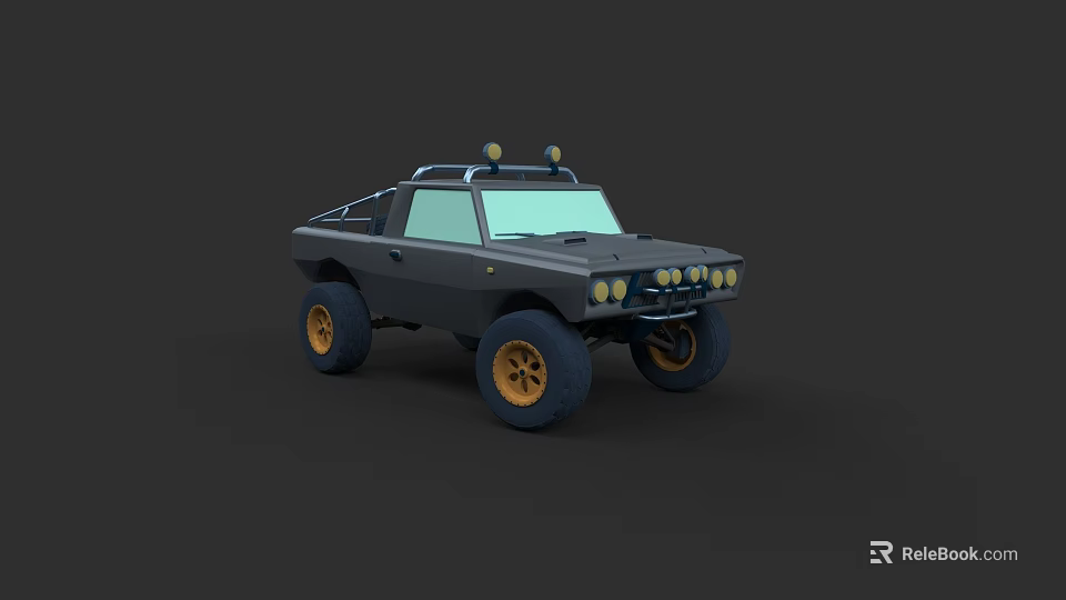 Black Off Road Vehicle With Yellow Wheels Roof Spotlights And Front Headlights 3d model 