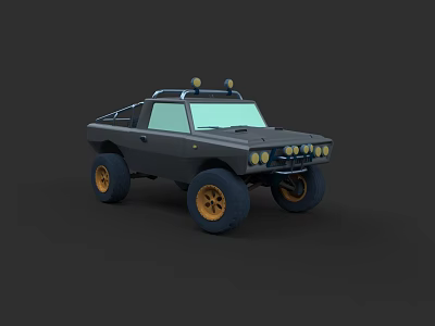 Black Off Road Vehicle With Yellow Wheels Roof Spotlights And Front Headlights 3d model
