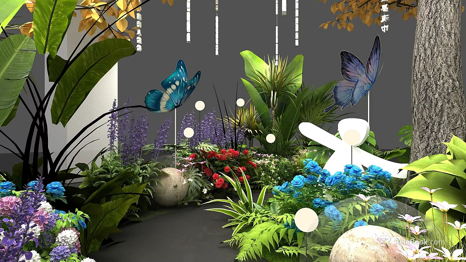Floral Installation With Colorful Flowers Lush Green Plants Butterfly Decorations And Hanging Lights 3d model 