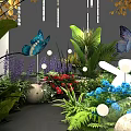 Floral Installation With Colorful Flowers Lush Green Plants Butterfly Decorations And Hanging Lights