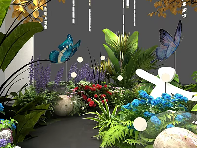 Floral Installation With Colorful Flowers Lush Green Plants Butterfly Decorations And Hanging Lights 3d model
