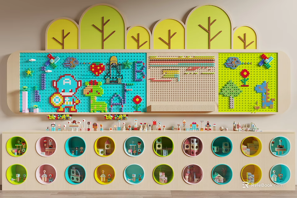 Interactive Building Blocks Wall Panel with Various Colorful Shapes for Kids Creative Play 3d model