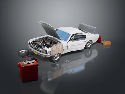 Classic White Car With Open Hood Trunk And Repair Tools Around 3d model