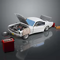Classic White Car With Open Hood Trunk And Repair Tools Around