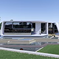 Modern Building Exterior With White Facade Geometric Roof Structure Surrounding Greenery And Courtyard Area
