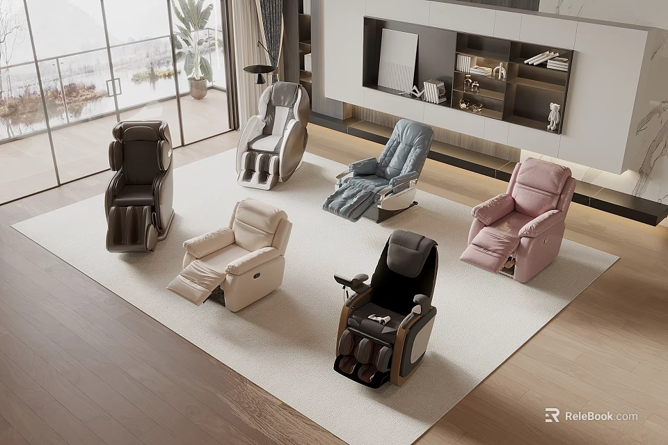 Modern Living Room With Multiple Massage Chairs In Various Colors And Styles 3d model 