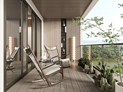 Relaxing Home Balcony With Rocking Chairs Wooden Flooring Green Cacti Glass Railing And Scenic View 3d model