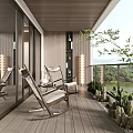 Relaxing Home Balcony With Rocking Chairs Wooden Flooring Green Cacti Glass Railing And Scenic View