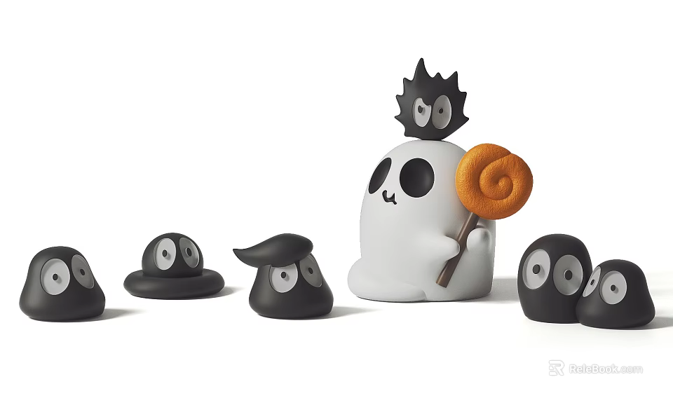 Cute Ghost Shaped Ornament Set With Small Black Figurines And Lollipop Detail 3d model 