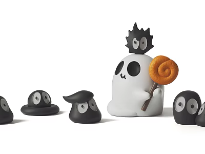 Cute Ghost Shaped Ornament Set With Small Black Figurines And Lollipop Detail 3d model
