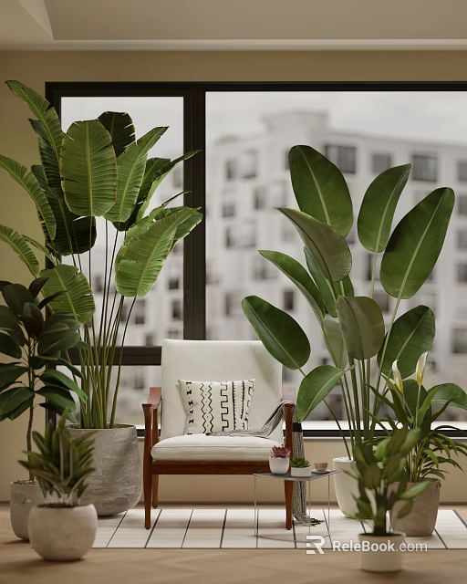 Indoor Window Plant Combination With Large Leaf Greenery And Accent Chair Decor 3d model 