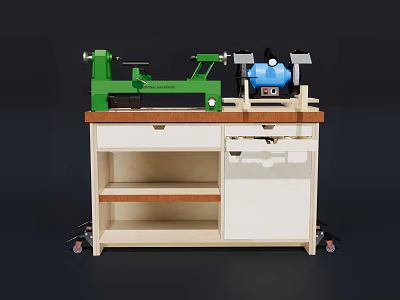 Practical Hardware Tools Featuring Woodworking Workbench Green Table Saw Blue Tools Drawers Shelves and Wheels 3d model
