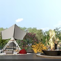 Cozy Outdoor Living Space With Tent Fire Pit Green Plants Flowers Mats Blankets And Furniture