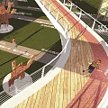 Elevated Sky Garden Walkway With Wooden Deck Curved Design And Pedestrians