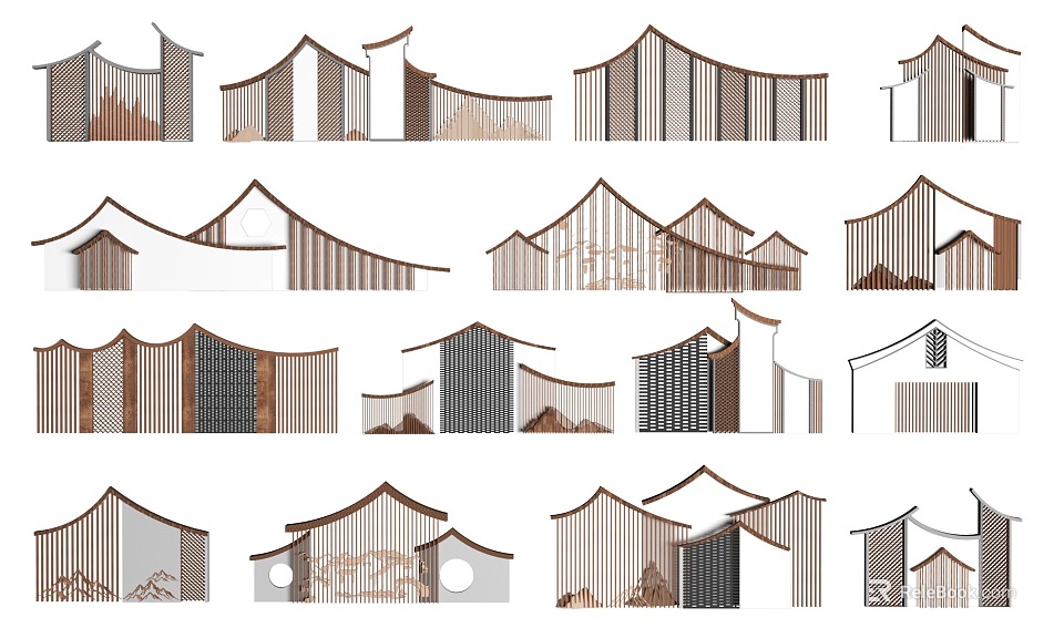 Traditional And Modern Building Facades With Wooden Grilles And Diverse Roof Line Designs 3d model 