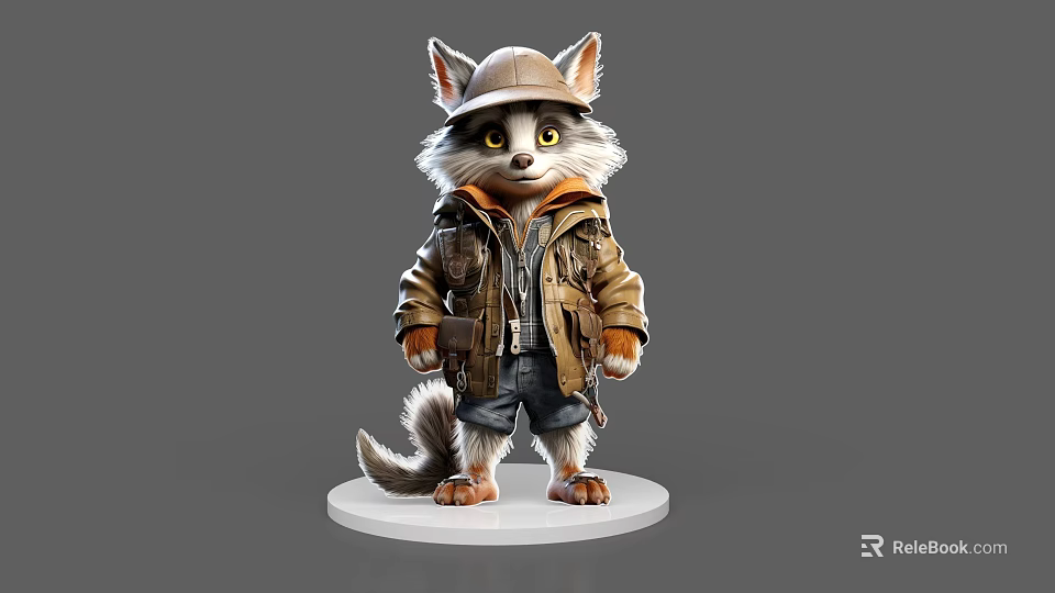 Cute Raccoon Character Wearing Brown Work Jacket And Hat Standing On White Circular Base 3d model 
