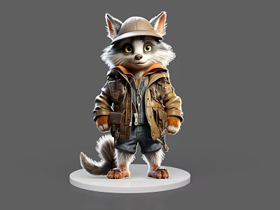 Cute Raccoon Character Wearing Brown Work Jacket And Hat Standing On White Circular Base 3d model