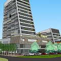 Modern Office Building With Glass Facade And Green Landscaping Including Trees And Lawn