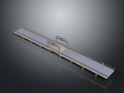 Long Stone Bridge Structure With Railings Arched Gateways And Support Pillars 3d model