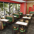 Cozy Restaurant Interior With Red Walls Green Leather Booths Round Marble Tables And Wicker Chairs
