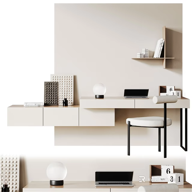 Modern Minimalist Home Office Desk And Chair Set With Wall Shelf Laptop And Decorative Items 3d model 