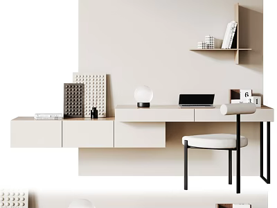 Modern Minimalist Home Office Desk And Chair Set With Wall Shelf Laptop And Decorative Items 3d model