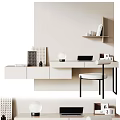 Modern Minimalist Home Office Desk And Chair Set With Wall Shelf Laptop And Decorative Items