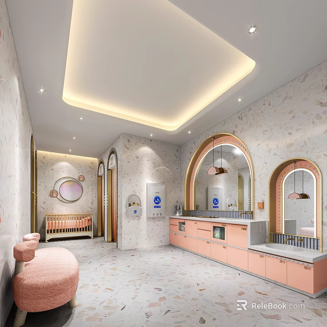 Other Bathroom Interior Design With Arched Mirrors Pink Cabinets And Baby Changing Station 3d model 