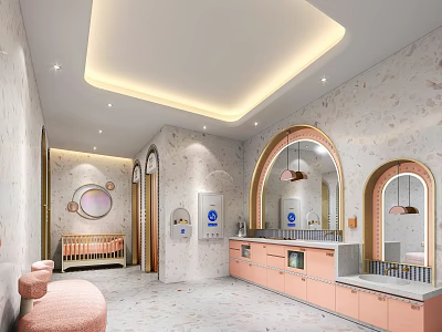 Other Bathroom Interior Design With Arched Mirrors Pink Cabinets And Baby Changing Station 3d model