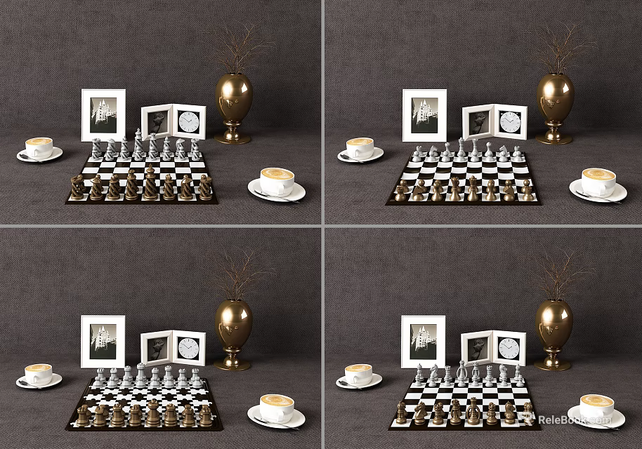 Relaxing Chess Entertainment Scene With Chessboard Pieces Coffee Cups Framed Photos And Vase 3d model 