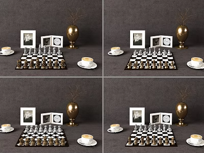 Relaxing Chess Entertainment Scene With Chessboard Pieces Coffee Cups Framed Photos And Vase 3d model