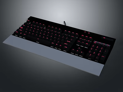 Black Mechanical Keyboard With Red Backlit Keys And Silver Wrist Rest Design 3d model