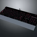 Black Mechanical Keyboard With Red Backlit Keys And Silver Wrist Rest Design