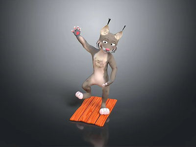 3D Cartoon Cat Character With Big Ears Standing On Wooden Plank Waving Paw 3d model