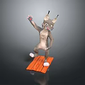 3D Cartoon Cat Character With Big Ears Standing On Wooden Plank Waving Paw