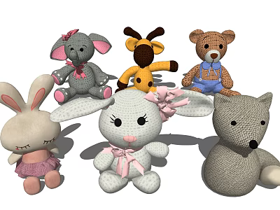 Cute Knitted Plush Dolls Collection Including Rabbit Elephant Giraffe Bear And Fox With Bows 3d model