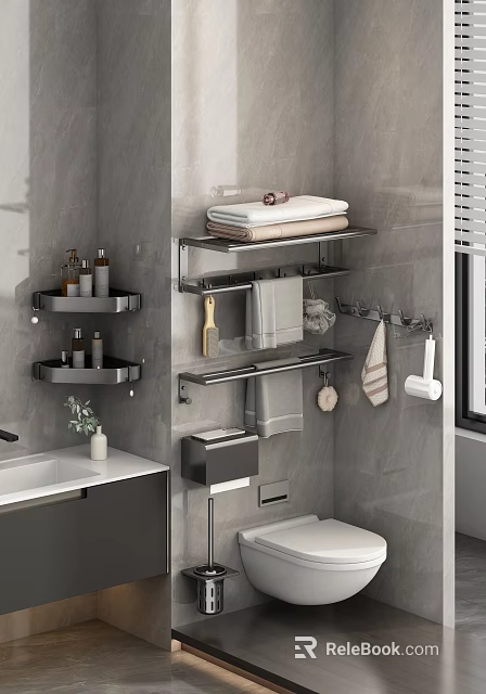 Modern Bathroom Accessories with Metal Shelves Towels Toiletries and Hooks on Gray Wall 3d model 