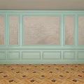 Light Blue Wainscoting Around Sliding Doors With Herringbone Wood Floor And Outdoor Green View