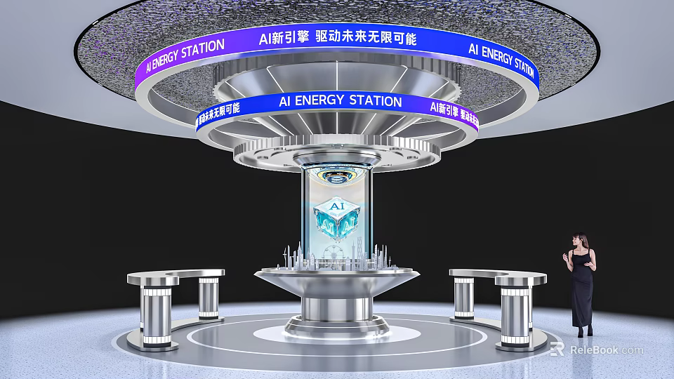 AI Energy Station Art Installation with Modern Tech Silver Metal Circular Platform and Glowing Elements 3d model 