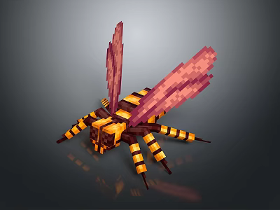 3D Pixel Art Style Bee with Yellow Black Stripes and Pink Wings 3d model